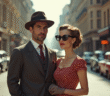 Couple des années 1950 dans une rue animée de la ville