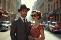 Couple des années 1950 dans une rue animée de la ville