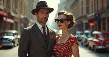 Code vestimentaire années 1950 : comment s’habiller à cette époque ? Couple des années 1950 dans une rue animée de la ville