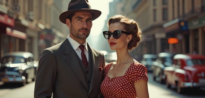 Couple des années 1950 dans une rue animée de la ville