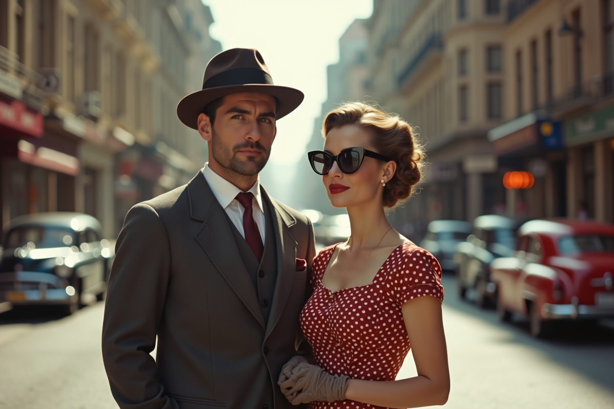 Couple des années 1950 dans une rue animée de la ville