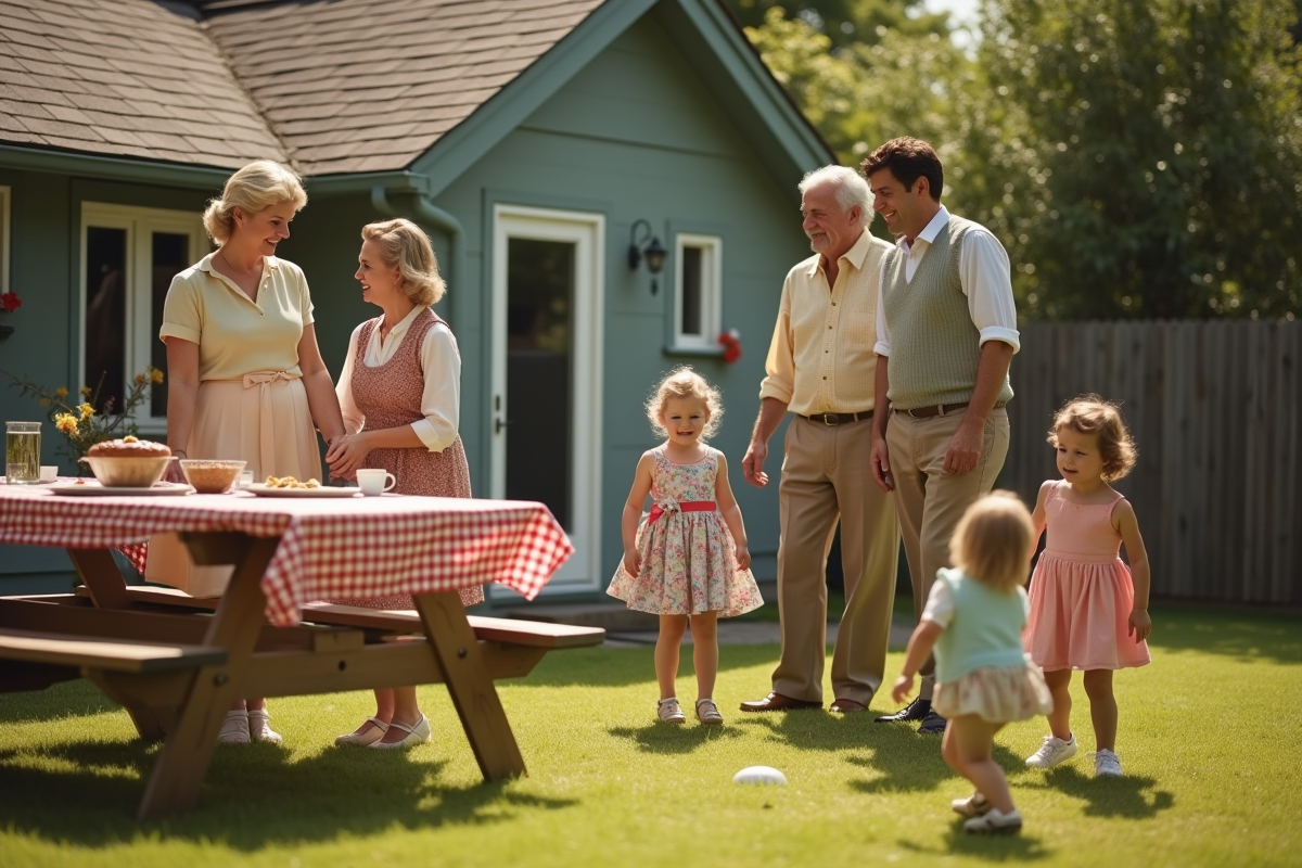 Famille des années 1950 dans un jardin ensoleille