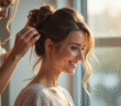 Jeune femme souriante coiffure elegante par une styliste