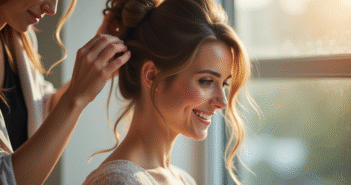 Jeune femme souriante coiffure elegante par une styliste