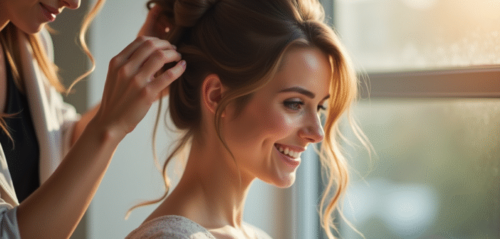 Jeune femme souriante coiffure elegante par une styliste