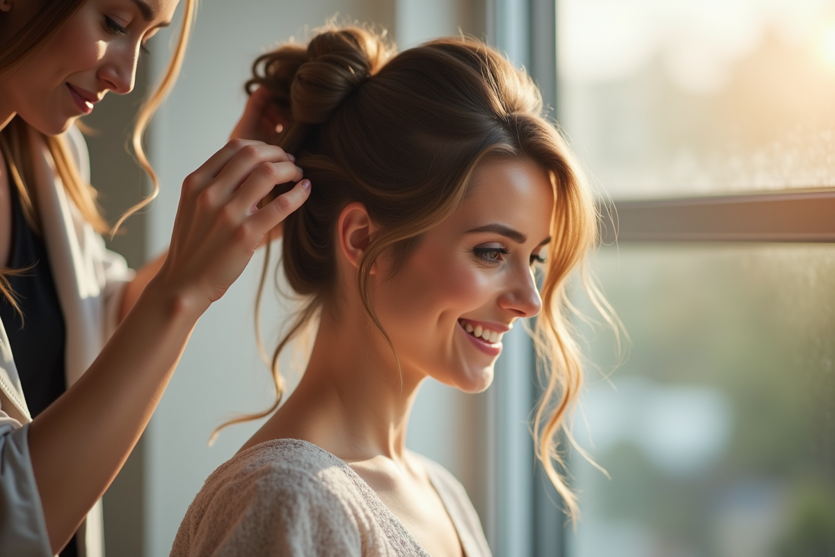 Jeune femme souriante coiffure elegante par une styliste