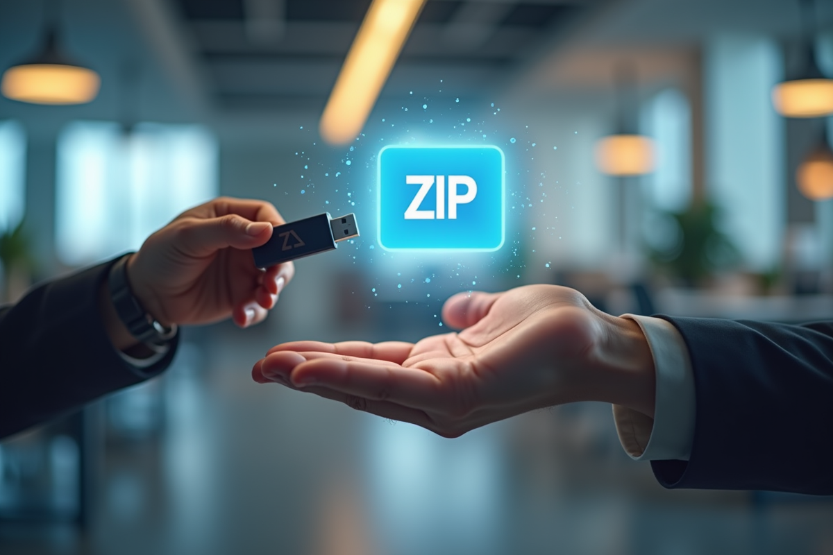 Mains tenant une clé USB avec icône zip dans un bureau lumineux
