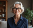 Femme senior élégante avec lunettes dans un salon moderne