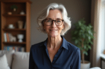 Coiffure femme 70 ans avec lunettes : idées tendance pour sublimer votre look Femme senior élégante avec lunettes dans un salon moderne