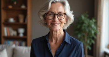 Femme senior élégante avec lunettes dans un salon moderne