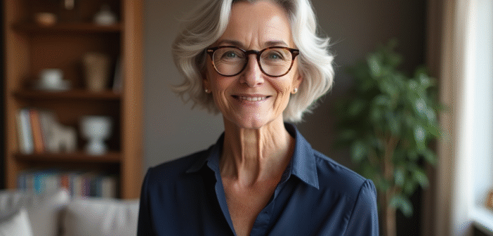 Coiffure femme 70 ans avec lunettes : idées tendance pour sublimer votre look Femme senior élégante avec lunettes dans un salon moderne