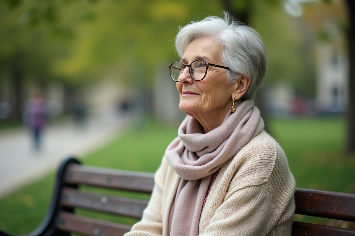 Femme senior assise sur un banc dans un parc urbain