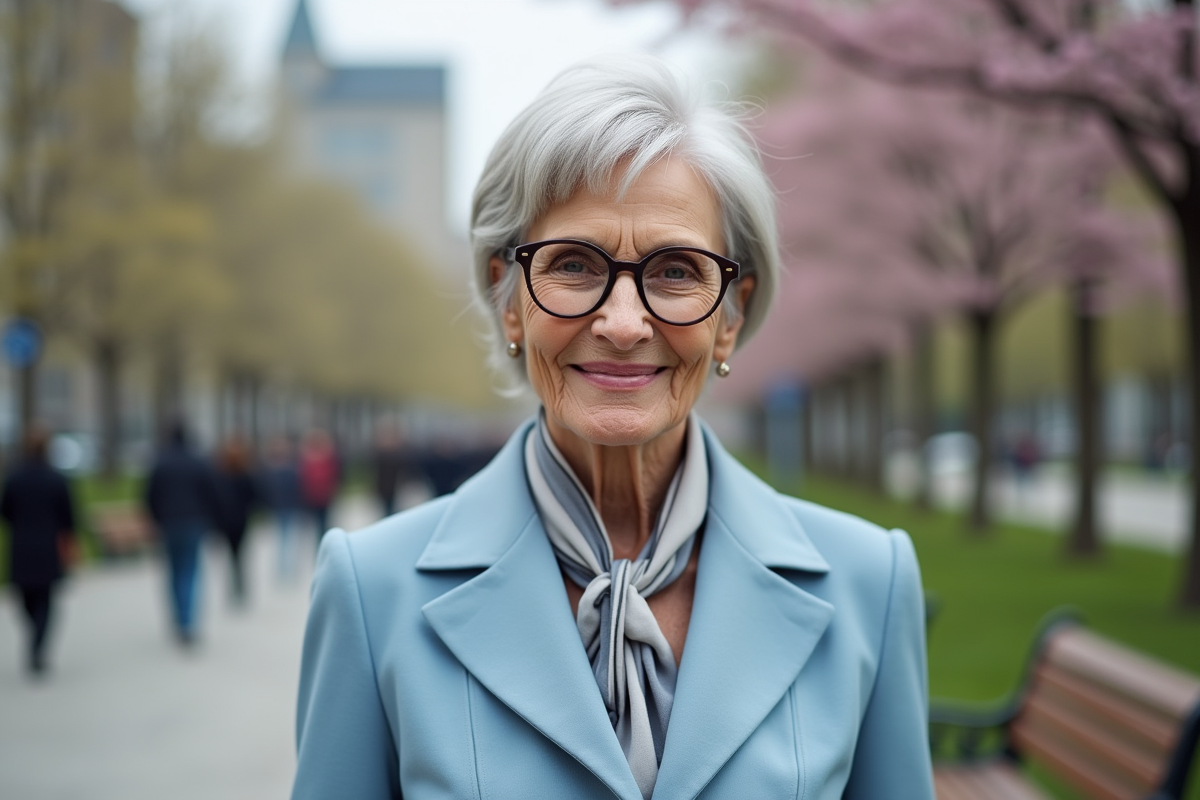Femme senior élégante dans un parc urbain en plein air