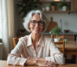 Femme senior souriante dans une cuisine chaleureuse