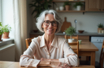 Coiffure femme 70 ans avec lunettes : idées tendance pour sublimer votre look Femme senior souriante dans une cuisine chaleureuse