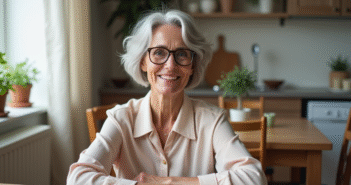 Femme senior souriante dans une cuisine chaleureuse