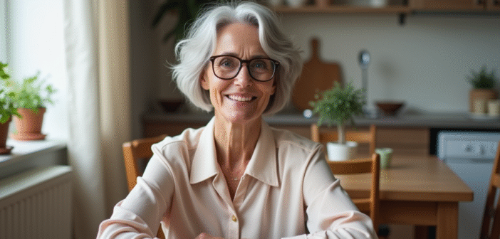 Coiffure femme 70 ans avec lunettes : idées tendance pour sublimer votre look Femme senior souriante dans une cuisine chaleureuse
