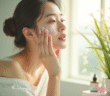 Femme koreenne appliquant soin visage dans salle lumineuse