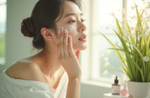 Femme koreenne appliquant soin visage dans salle lumineuse