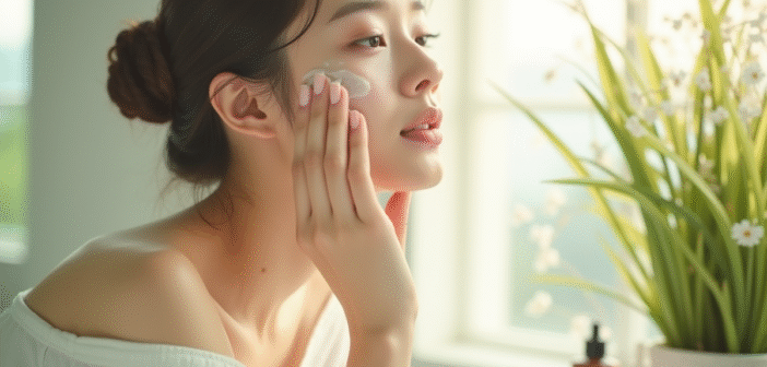 Femme koreenne appliquant soin visage dans salle lumineuse