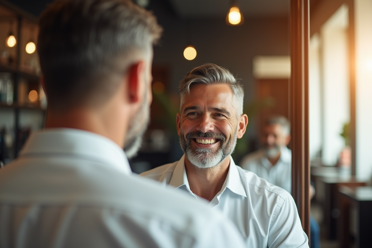 Homme souriant avec coupe classique dans un barbershop