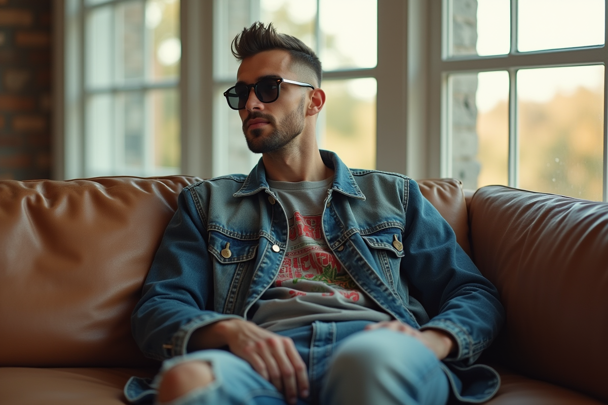 Homme en denim et lunettes rondes dans un appartement moderne