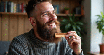 Homme barbu souriant dans un salon scandinave chaleureux