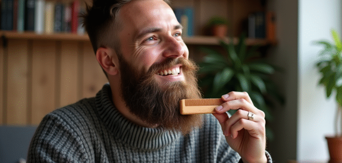 Homme barbu souriant dans un salon scandinave chaleureux