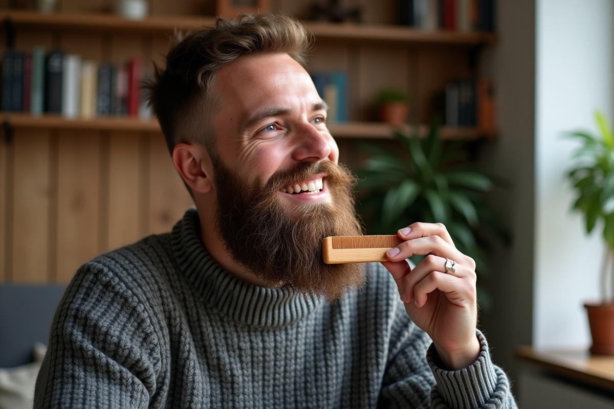 Homme barbu souriant dans un salon scandinave chaleureux