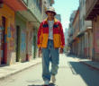 Jeune homme en veste colorblock et street style 1990s