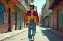 Jeune homme en veste colorblock et street style 1990s