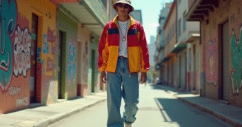 Jeune homme en veste colorblock et street style 1990s