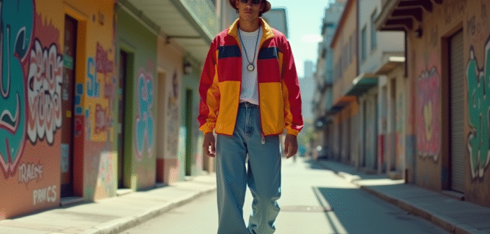 Jeune homme en veste colorblock et street style 1990s