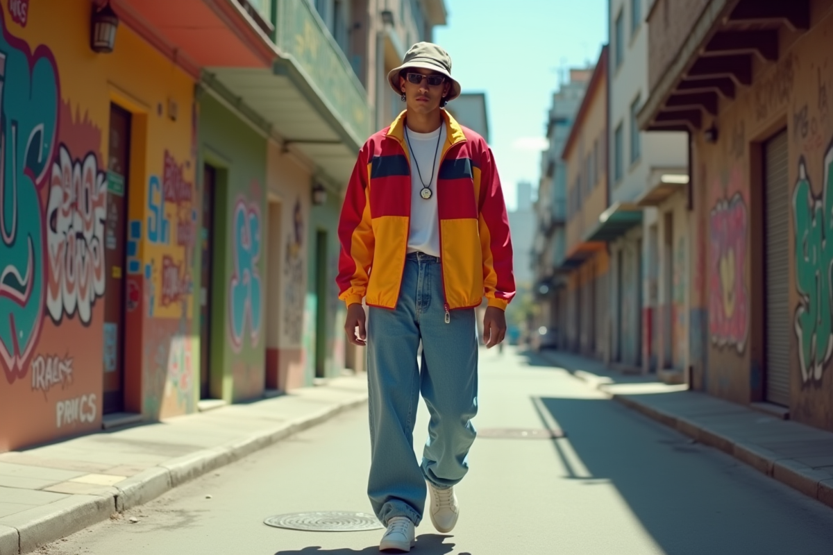 Jeune homme en veste colorblock et street style 1990s