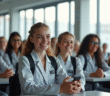 Groupe d'élèves au lycée en uniformes futuristes lumineux