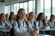 Groupe d'élèves au lycée en uniformes futuristes lumineux