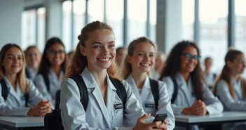 Groupe d'élèves au lycée en uniformes futuristes lumineux