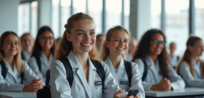 Groupe d'élèves au lycée en uniformes futuristes lumineux