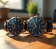 Deux montres homme élégantes côte à côte sur un bureau en bois