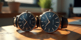 Deux montres homme élégantes côte à côte sur un bureau en bois