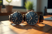 Deux montres homme élégantes côte à côte sur un bureau en bois