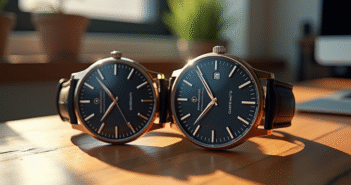 Acheter montre : 40 mm ou 42 mm ? Conseils et comparaison pour choisir Deux montres homme élégantes côte à côte sur un bureau en bois