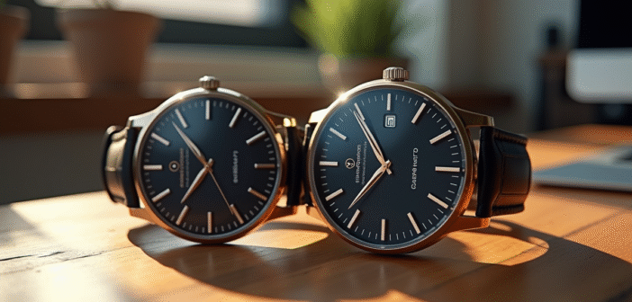 Deux montres homme élégantes côte à côte sur un bureau en bois