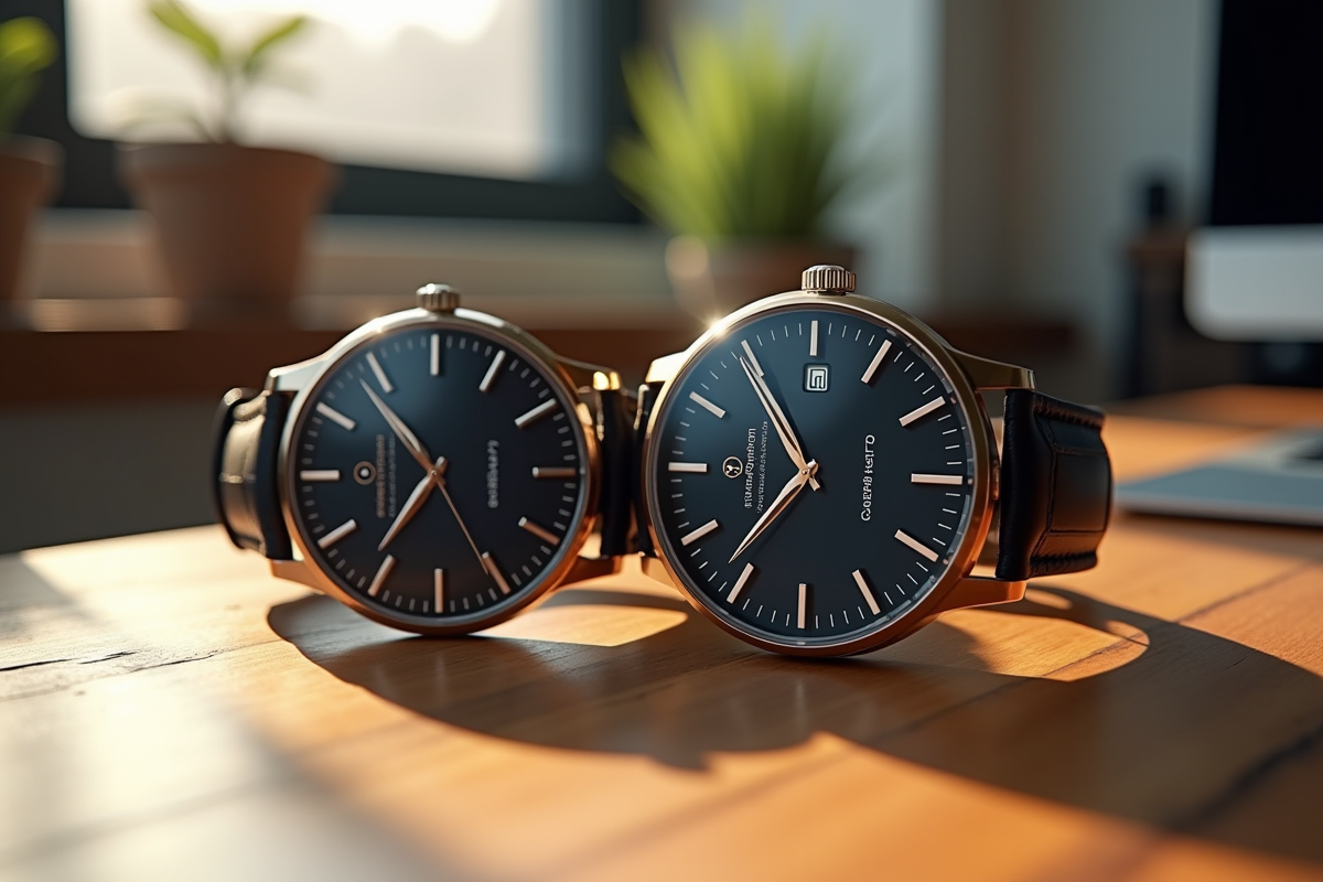 Deux montres homme élégantes côte à côte sur un bureau en bois