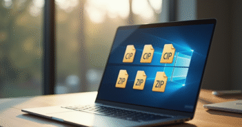 Zip : c’est quoi ? Fonctionnement et avantages du format de compression Écran d'ordinateur avec fichiers zip sur un bureau moderne