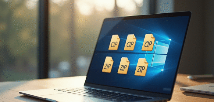 Écran d'ordinateur avec fichiers zip sur un bureau moderne