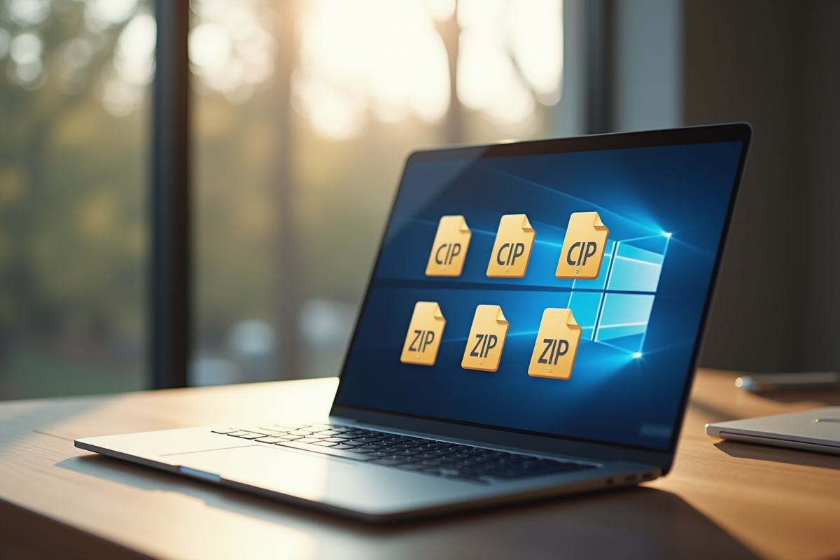 Écran d'ordinateur avec fichiers zip sur un bureau moderne