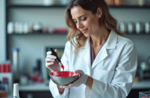 Cosmetologue femme en laboratoire examinant un rouge à lèvres