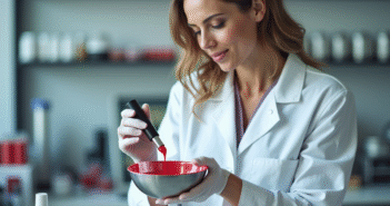 Cosmetologue femme en laboratoire examinant un rouge à lèvres