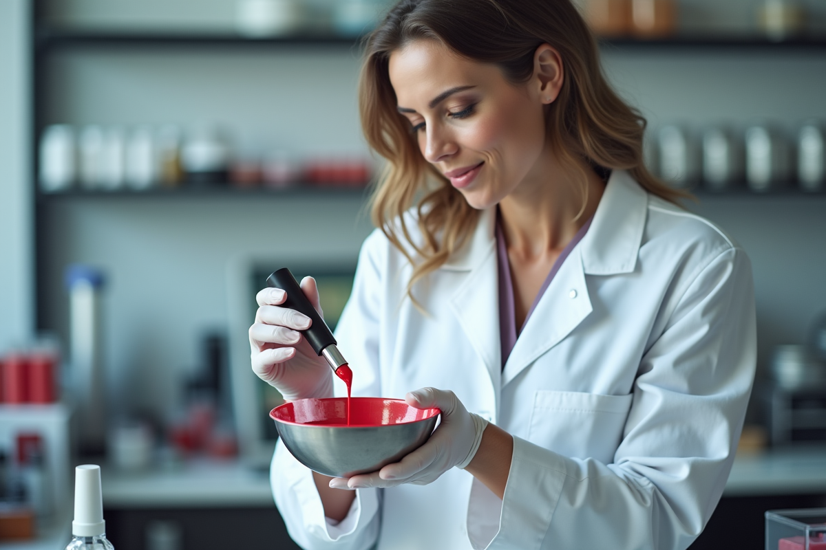 Cosmetologue femme en laboratoire examinant un rouge à lèvres